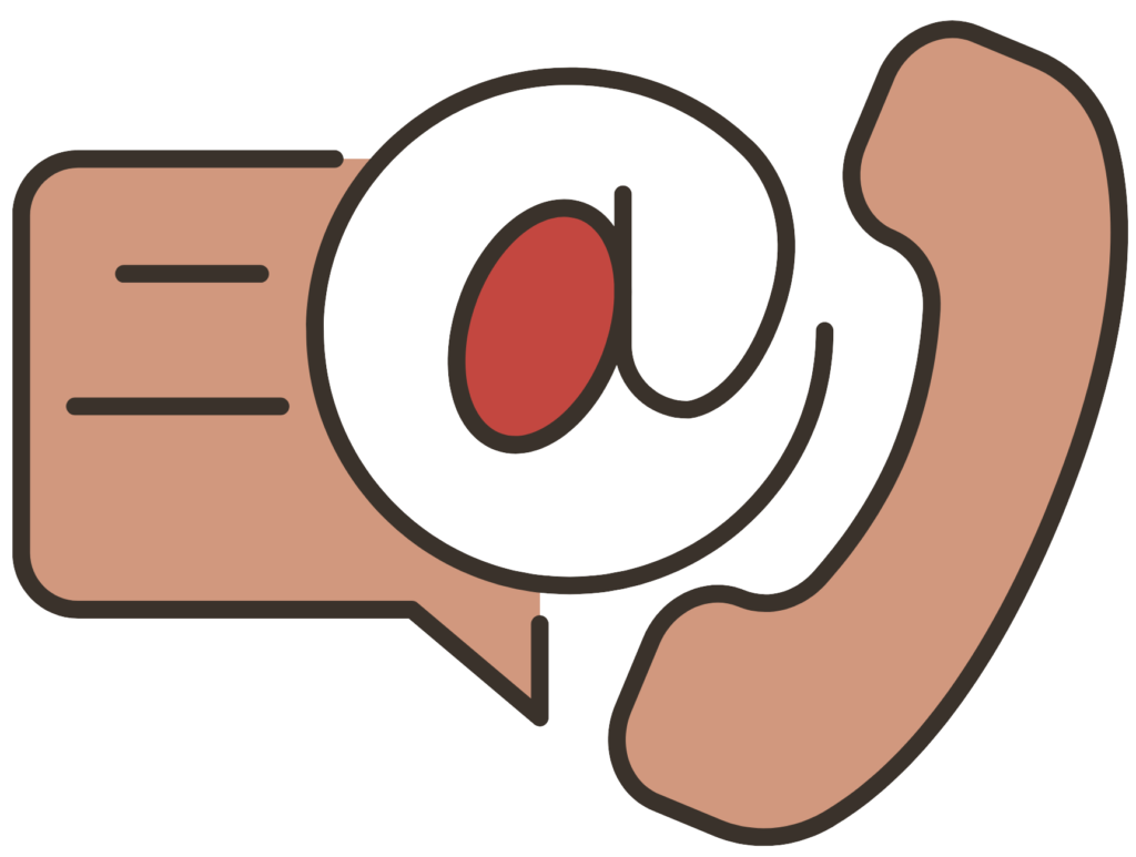 Ícone minimalista em tons terrosos representando um telefone e um balão de fala com o símbolo de arroba (@) no centro. O design sugere comunicação e suporte, ideal para uma seção de contato em um site de psicologia, reforçando a ideia de atendimento acessível por telefone e e-mail.