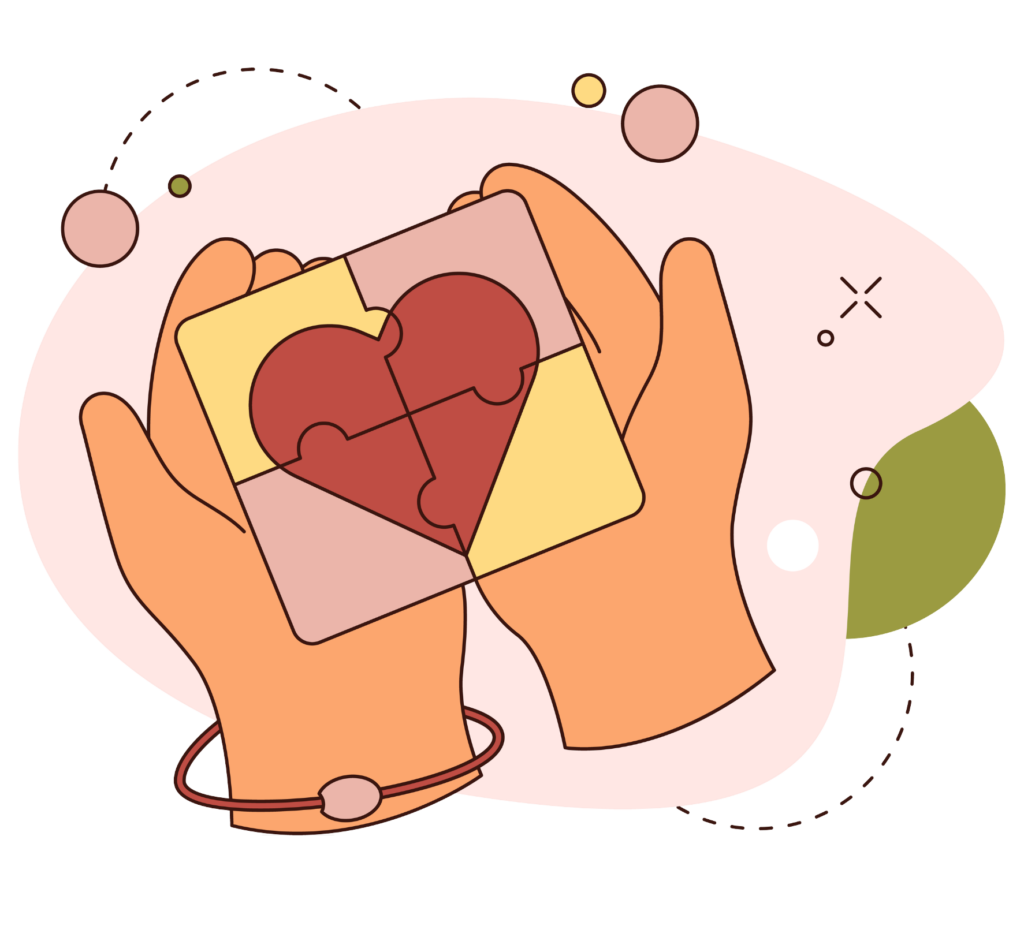 Ilustração de duas mãos segurando um quebra-cabeça formado por peças em tons de rosa e amarelo, com um coração vermelho no centro. O fundo é abstrato, em tons suaves de rosa, verde e amarelo. A imagem representa a conexão entre a mente e as emoções, simbolizando a hipnose como uma ferramenta terapêutica para integrar e compreender sentimentos.